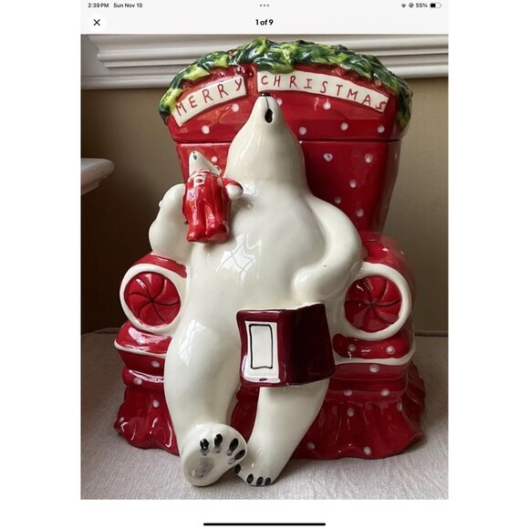 Blue Sky Heather Goldminc Christmas Sleeping Polar Bear Cookie Jar W/Lid - Picture 1 of 9